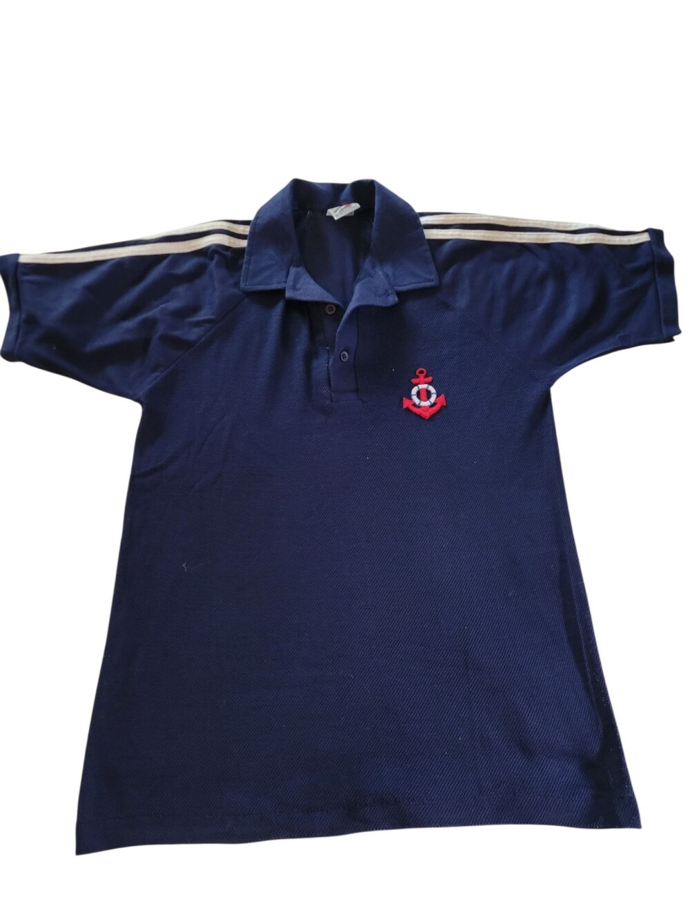 Vintage 70-80s Campus sport Mesh Striped Shoulder Polo Shirt Navy Anchor L USA
